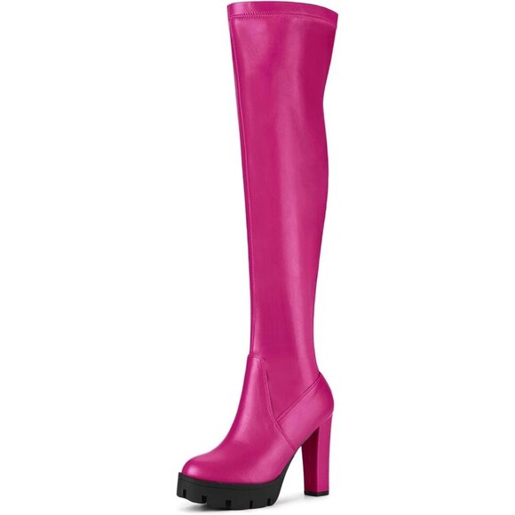 Shoes - Women's Pink Platform Boots Chunky Heel Over Knee High Rounded Toe Long Boots